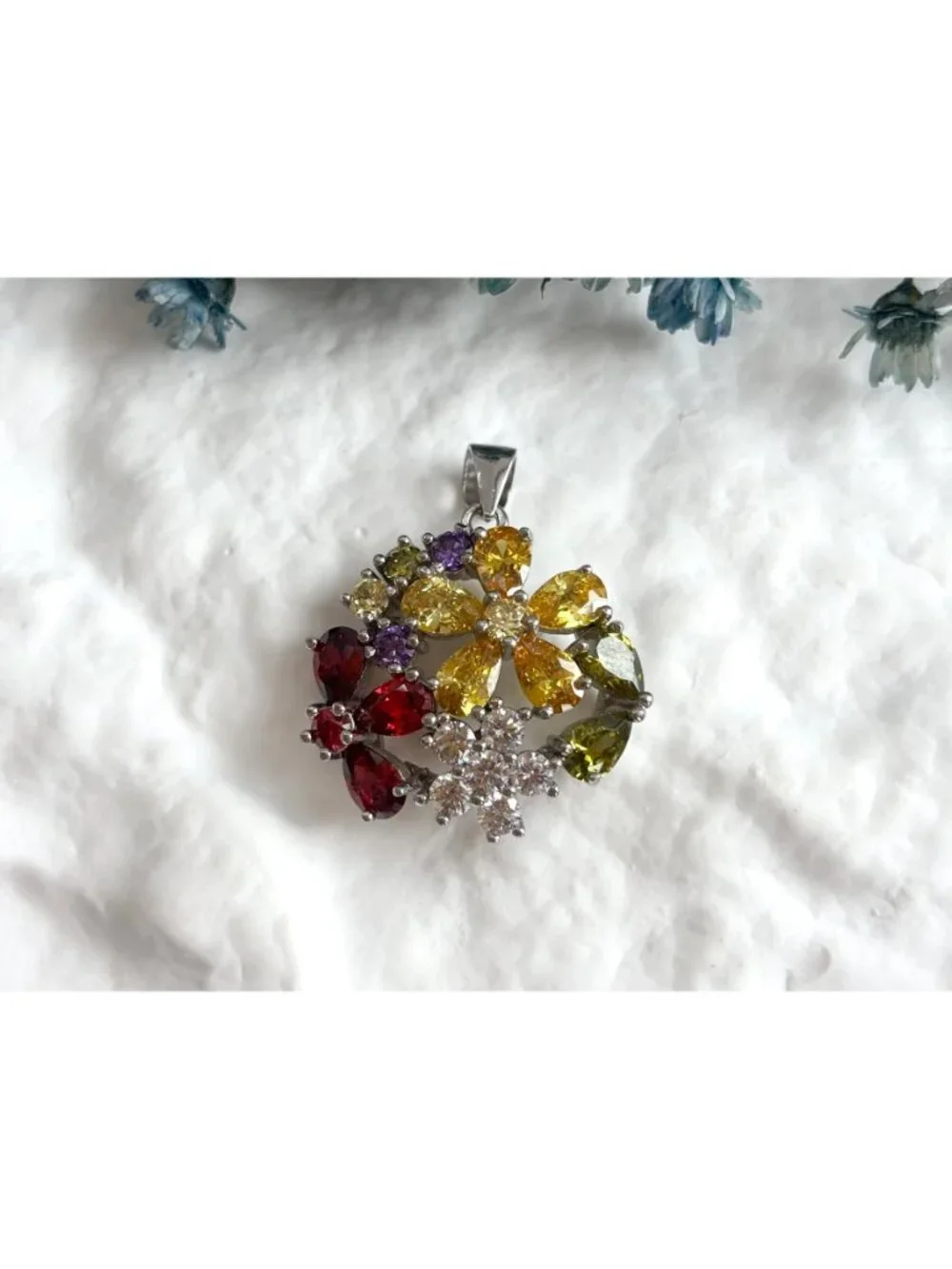Floral Rainbow Peridot, Citrine, Garnet & CZ Gemstone Vintage Pendant | Charm